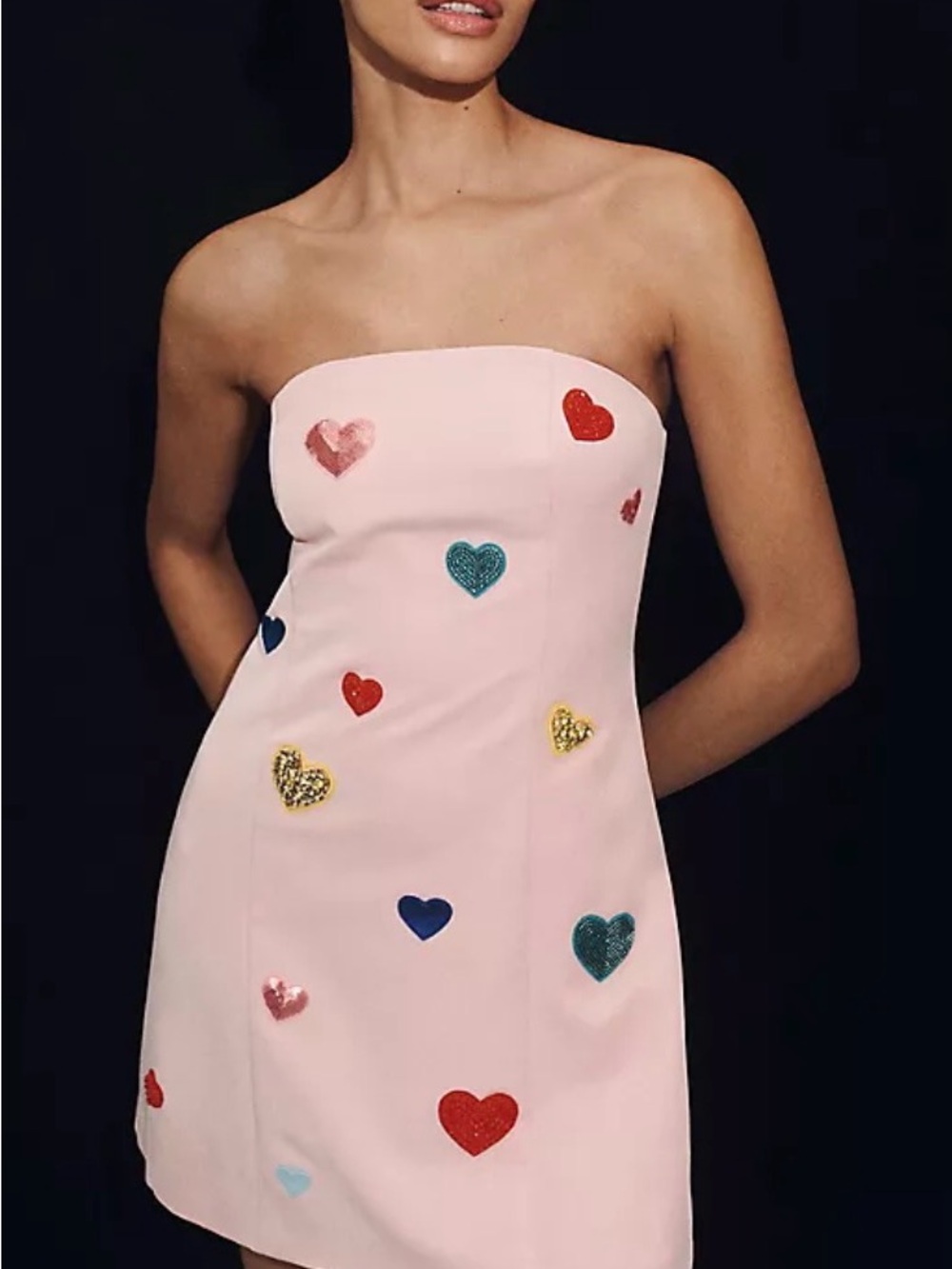Mauve Strapless Pink Mini Dress with Multicolor Heart Appliqués